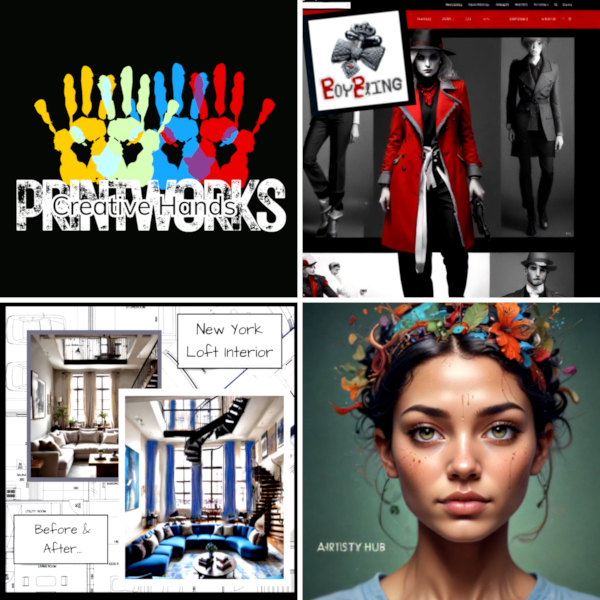 4 images from top left, topright, bottom left, bottom right showing logo of creative hands printworks logo, boybling logo & website page, New York Loft Before and after & Artistry Hub email campaign.