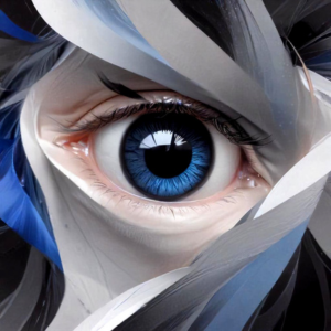 Piercing Blue Eye Staring At You Surrounded By Ribbon Strands In Colours Of Blue, Silver & Grey.