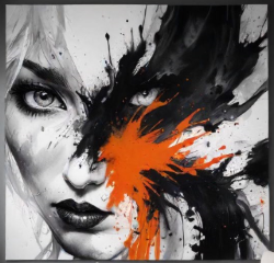 A mixed media artwork titled "Fractured Realities," showcasing a half-realistic portrait of a woman with black and orange splashes seemingly thrown at the canvas, symbolizing inner conflict and emotion.